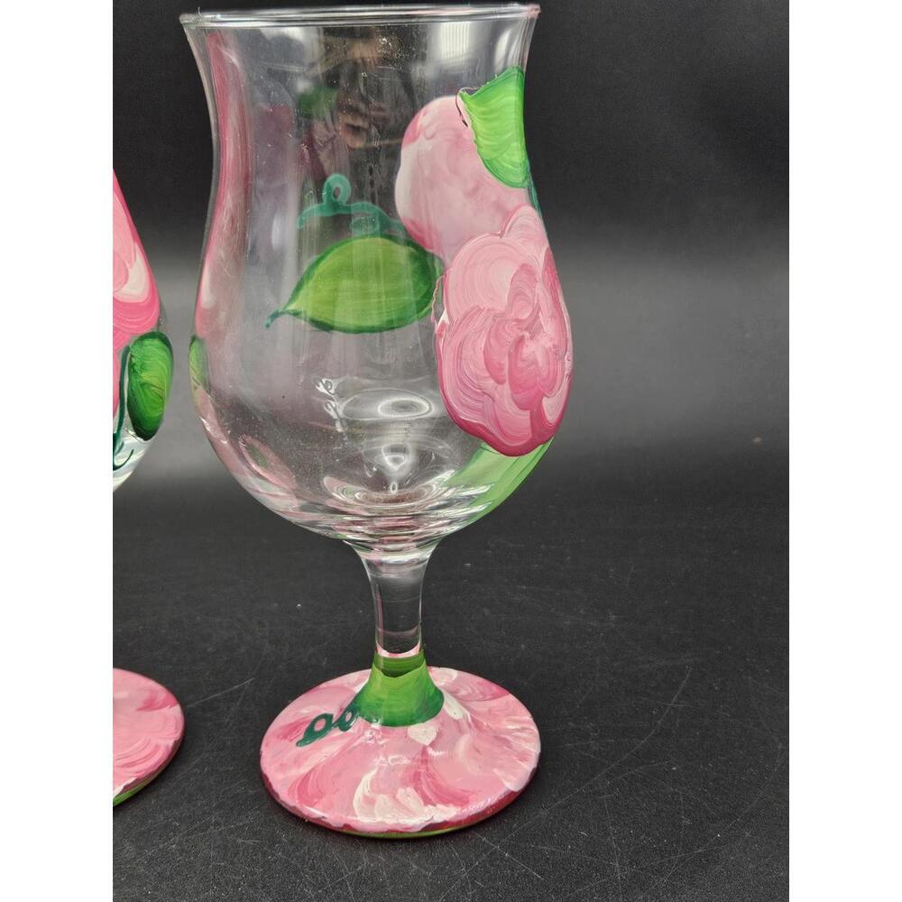 Set of 2 Vintage Hand Painted Pink Floral Wine Glasses Tulip Flared Rim 6.5" - Picture 7 of 15